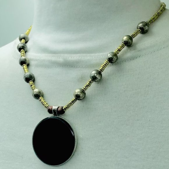 Metal And Wooden Beaded Chain Pendant Necklace, Handmade Light Weight Pendant - Picture 2 of 8